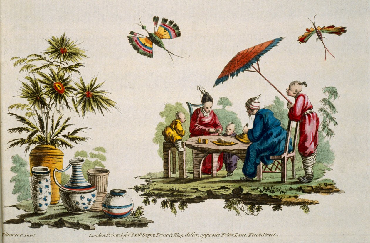 Ilustrace zobrazující postavy v japonském oděvu a slunečníku z For Ladies Amusement..Art of Japanning..Pillement, Jean Baptiste (1728-1808) od Jean Baptiste Pillement