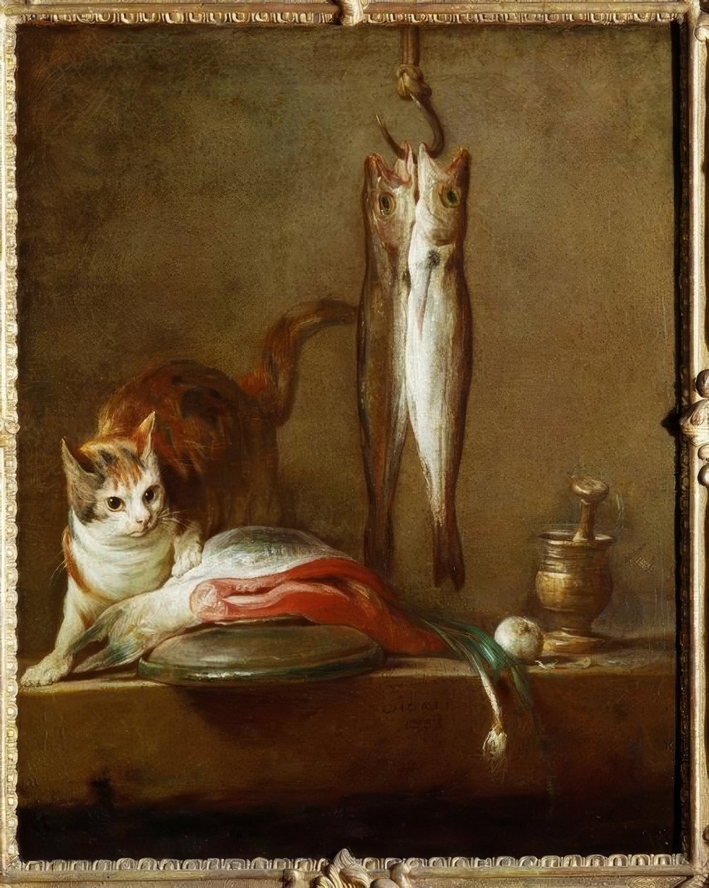 Kočka s plátkem lososa, dvě makrely, hmoždíř a pí od Jean Baptiste Simeon Chardin