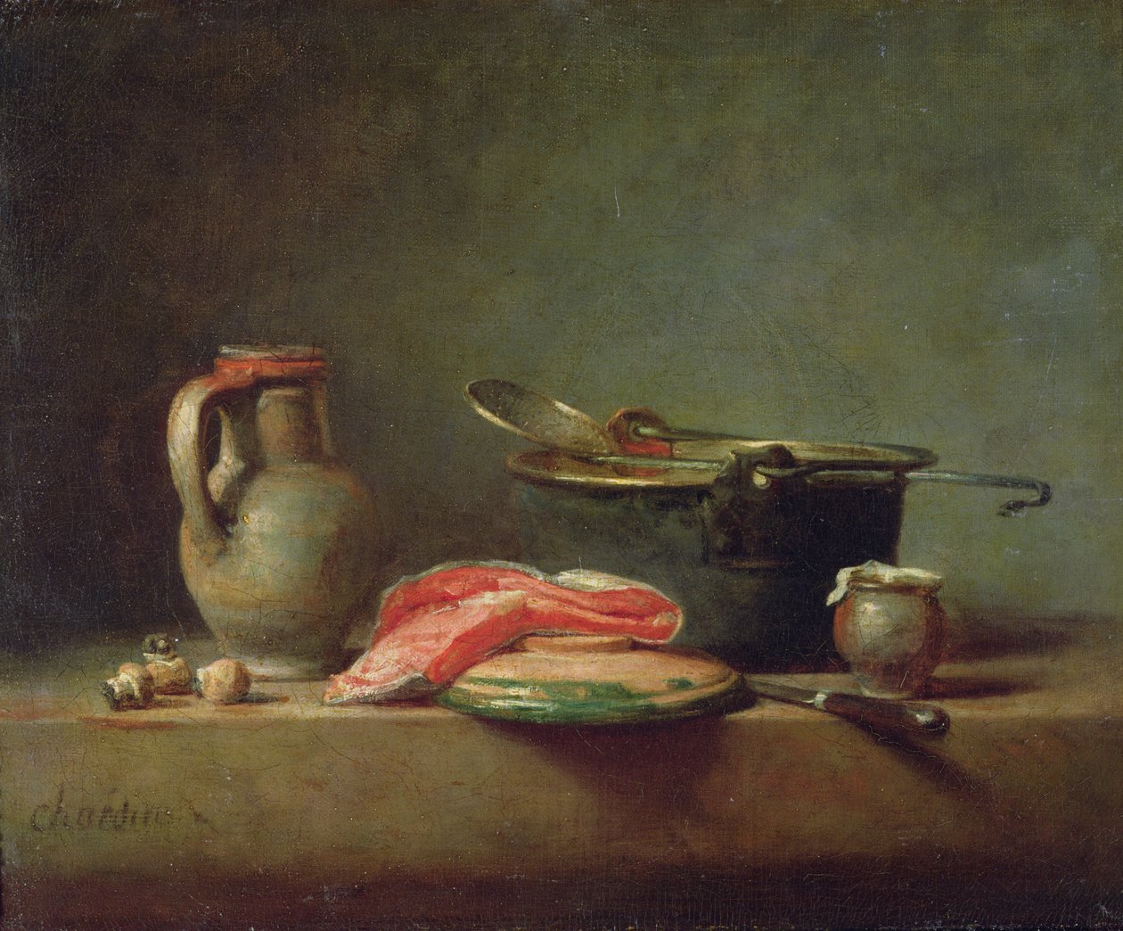 Měděný kotlík se džbánem a plátkem lososa (olej) od Jean Baptiste Simeon Chardin