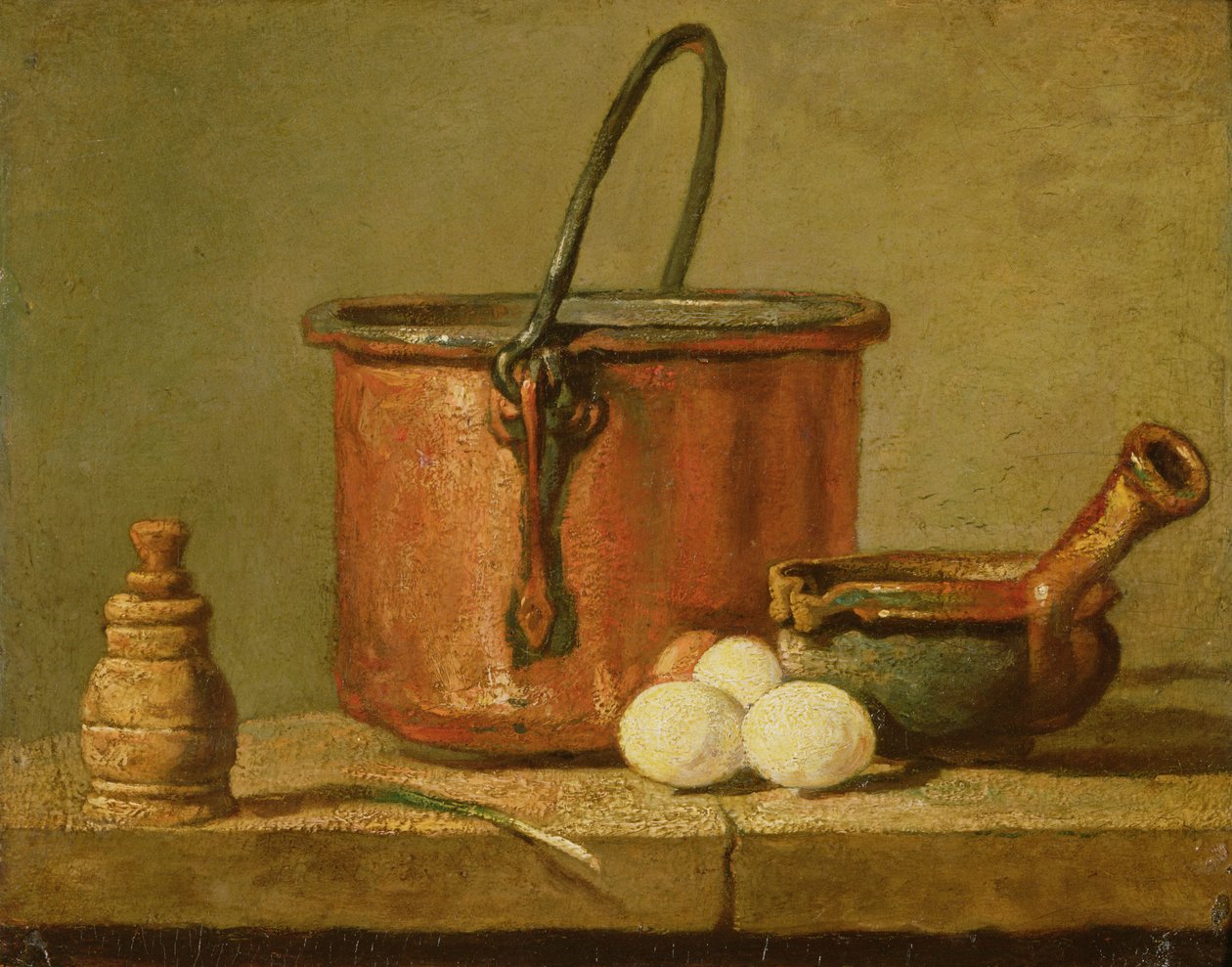 Zátiší z kuchyňského náčiní, kotlíku, pánve a vajec od Jean Baptiste Simeon Chardin
