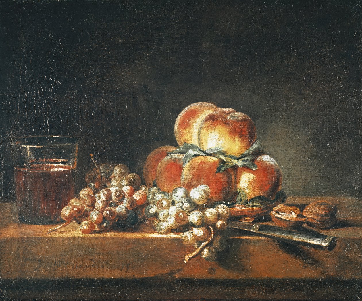 Zátiší z broskví, ořechů, hroznů a sklenice vína, 1758 od Jean Baptiste Simeon Chardin
