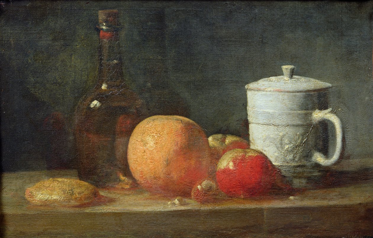 Zátiší s ovocem a lahví vína od Jean Baptiste Simeon Chardin