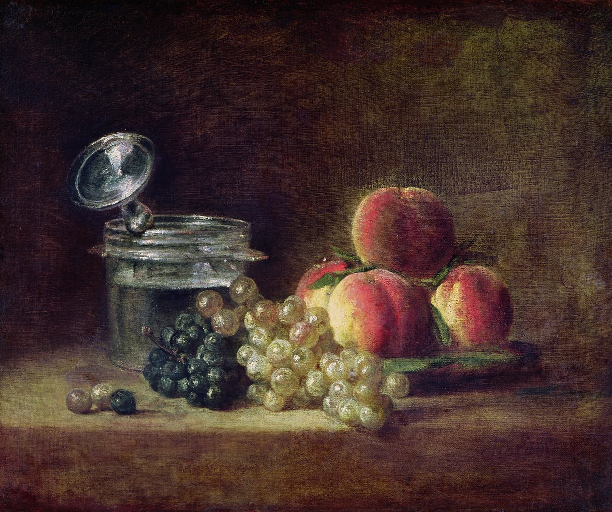 Zátiší s košíkem broskví, bílých a černých hroznů s chladičem a sklenkou na víno, kolem roku 1759 od Jean Baptiste Simeon Chardin