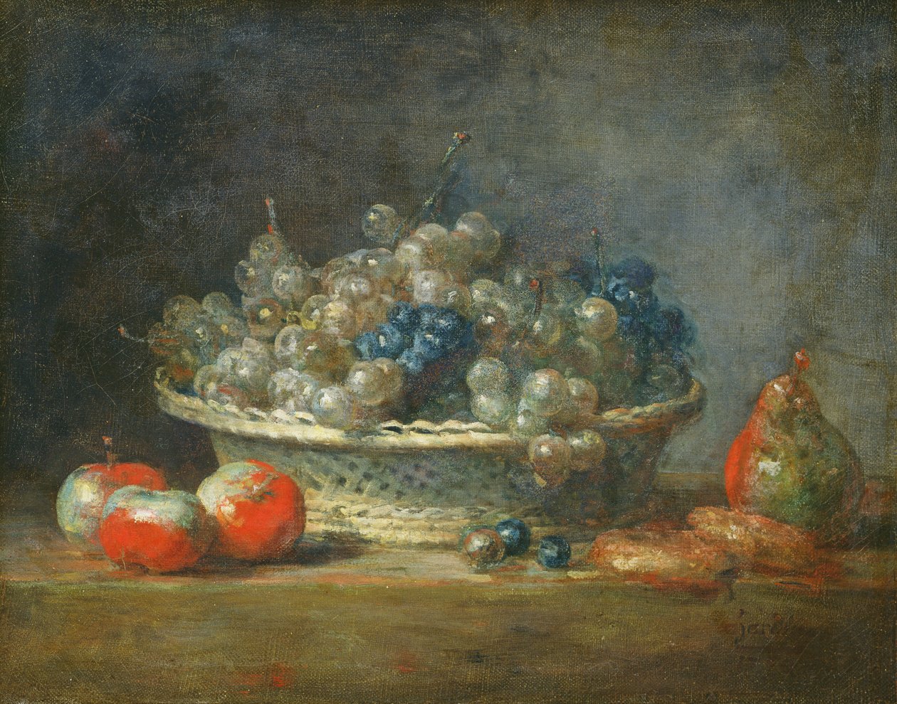 Zátiší: košík z hroznů se třemi jablky, hruškou a dvěma marcipány, 1764 od Jean Baptiste Simeon Chardin