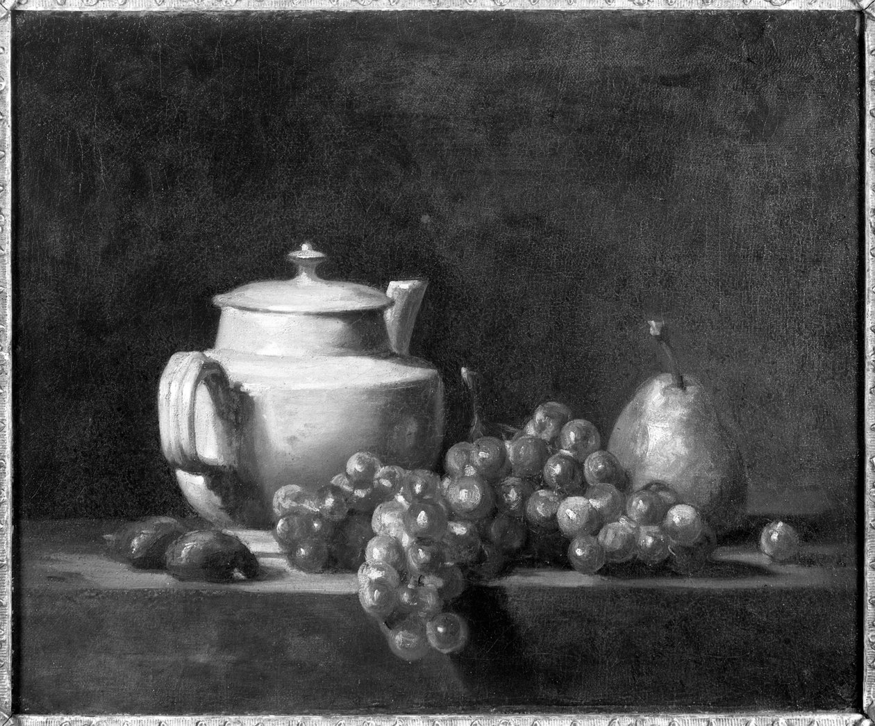 Bílá konvice se dvěma kaštany, bílými hrozny a hruškou od Jean Baptiste Simeon Chardin