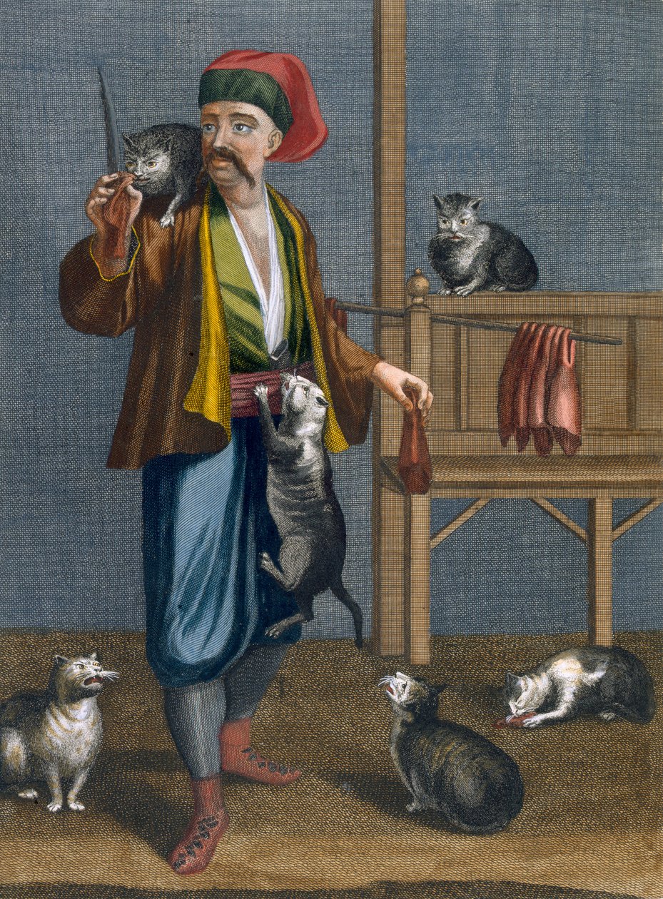Kočičí krmítko, deska ze "Sbírky sta tisků zobrazujících různé národy Levanty" od Charlese de Ferriol, vyryl Jean-Baptiste Haussard (fl.1678-1749), 1707-08 (kolorováno e od Jean Baptiste Vanmour