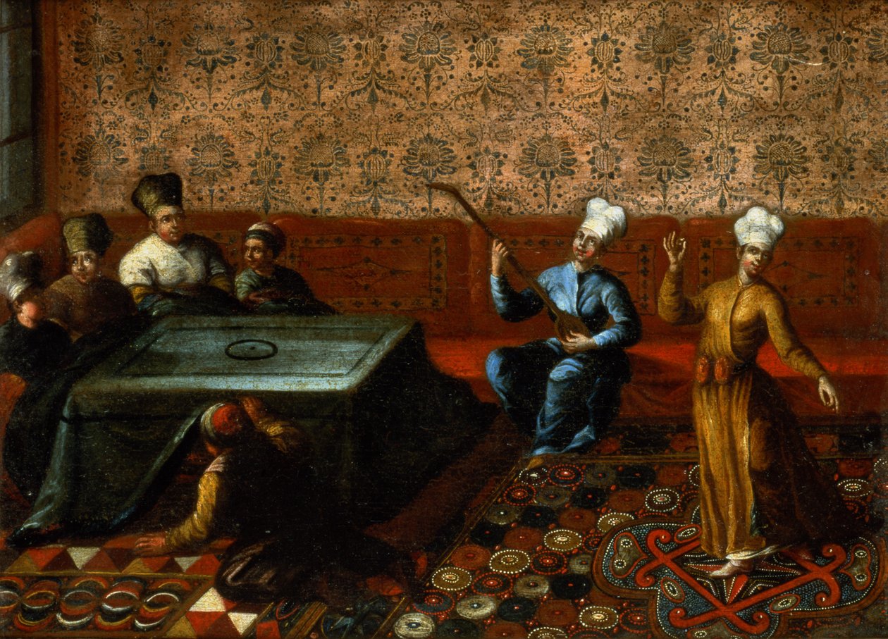 Postavy shromážděné kolem kursi a před nimi vystupující hudebník a tanečnice od Jean Baptiste Vanmour