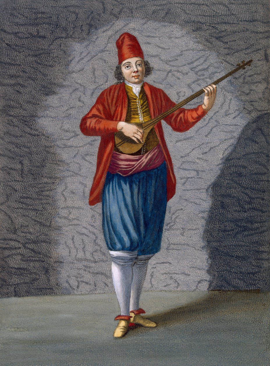 Hudebník řeckých ostrovů, deska 70 ze „Sbírka jednoho sta tisků představujících různé národy Levanty“ od Charlese de Ferriola, vyryl Gerard Scotin (1671-1716), 1707-08 ( od Jean Baptiste Vanmour
