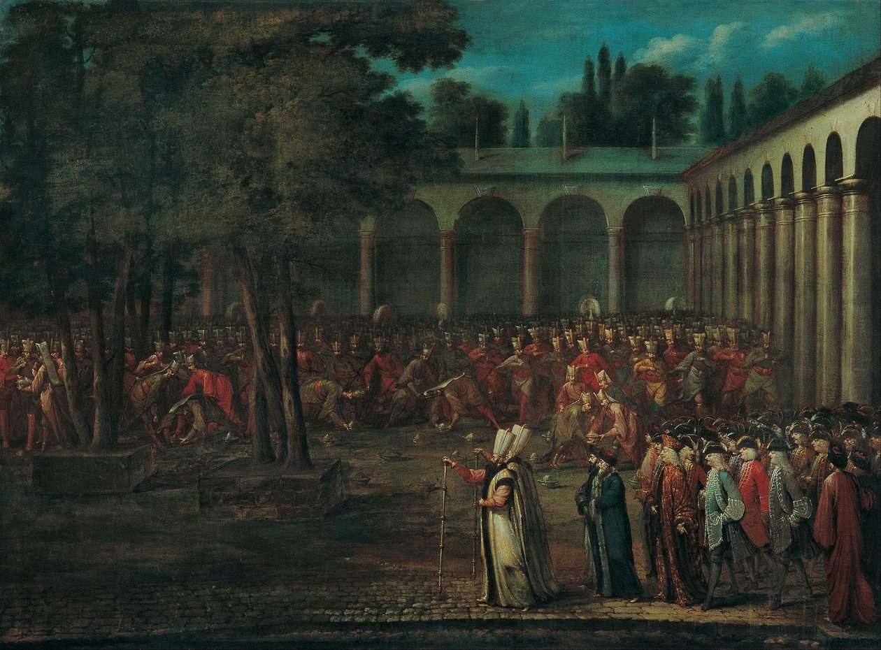 Ambasádorská delegace procházející druhým nádvořím paláce Topkapi od Jean Baptiste Vanmour