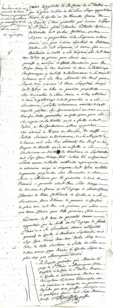 Vyhláška o zřízení farnosti Saint-Louis-de-France de Terrebonne od Jean Baptiste de La Croix
