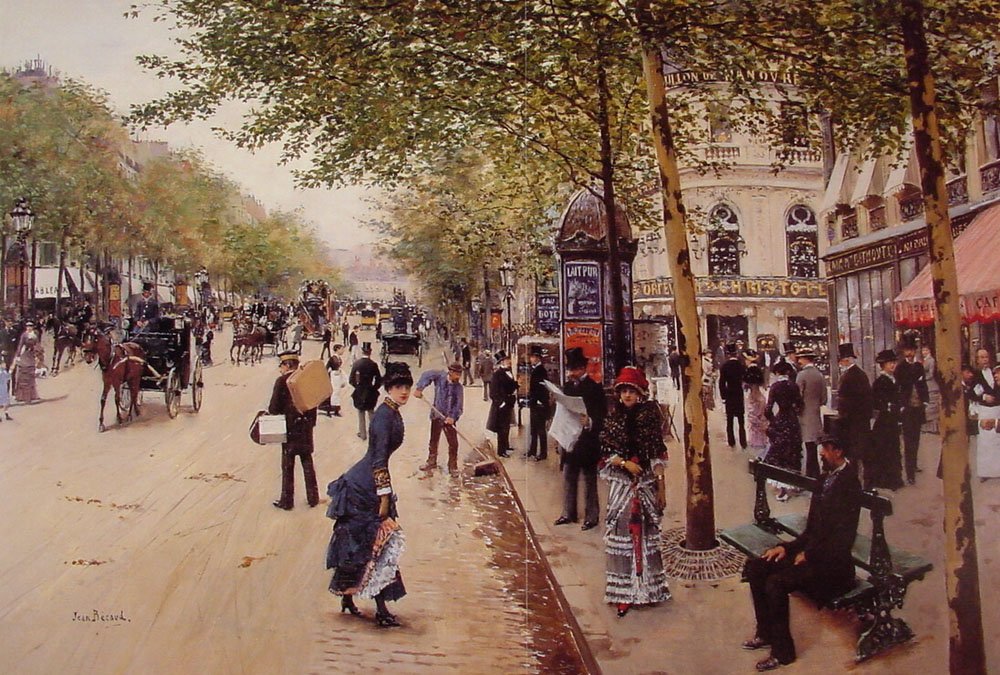 Boulevard des capucines - v pozadí Boulevard des Italiens s Pavillon de Hanovre vpravo od Jean Beraud