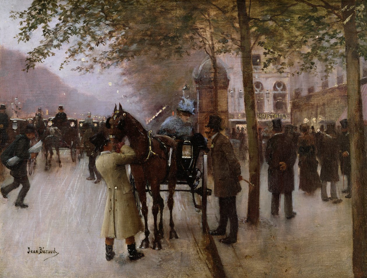 Boulevards, večer před kavárnou Napolitain, konec 19. století od Jean Beraud