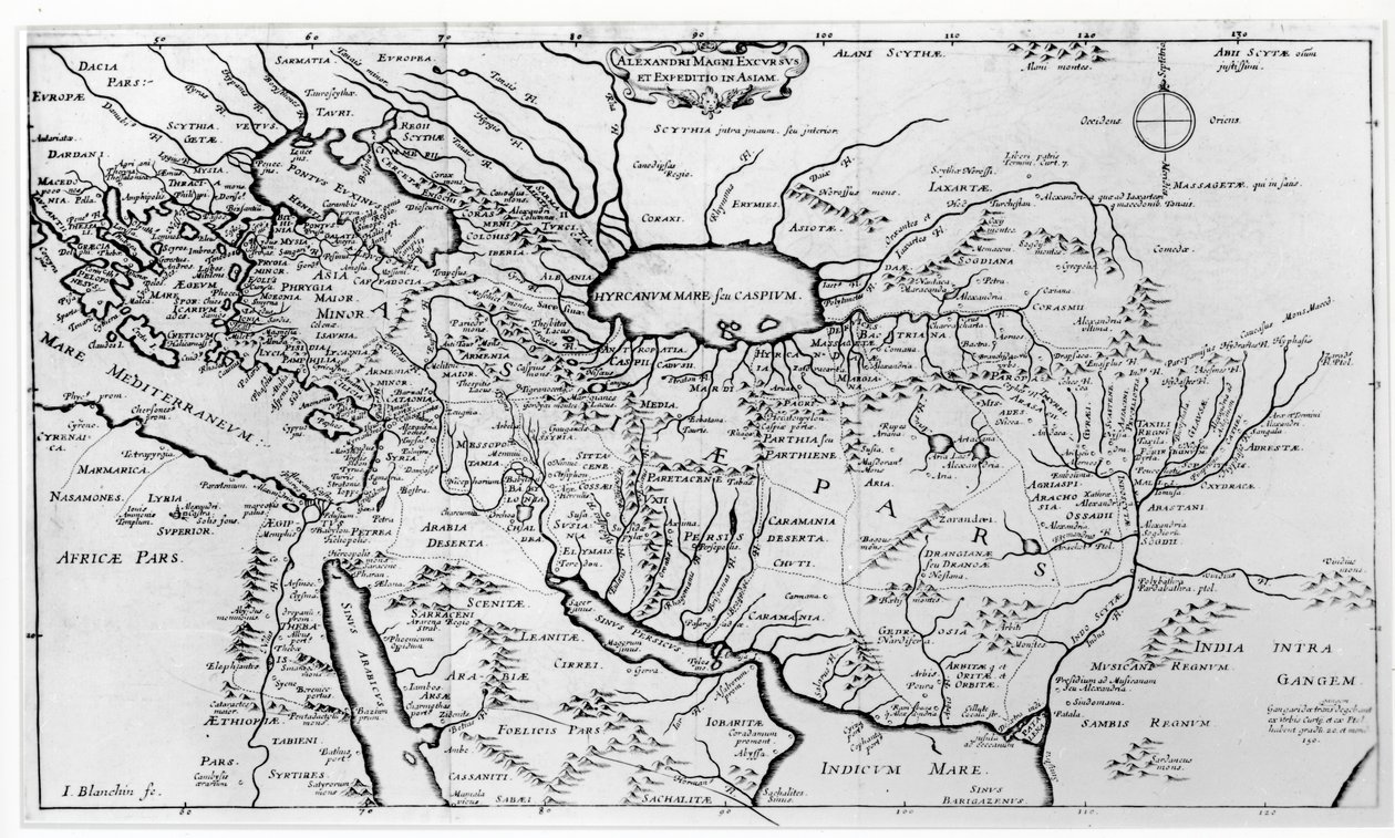 Mapa cest a výprav Alexandra Velikého (356-323 př. n. l.) do Asie od Jean Blanchin