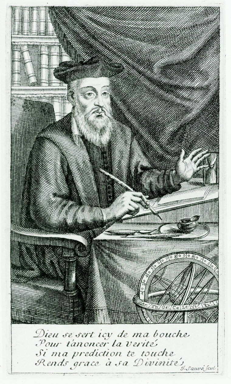 Michel de Nostredame (Nostradamus) (1503-66) píše svá proroctví, vyryl Jean Sauve (fl.1660-91) od Jean Boulanger