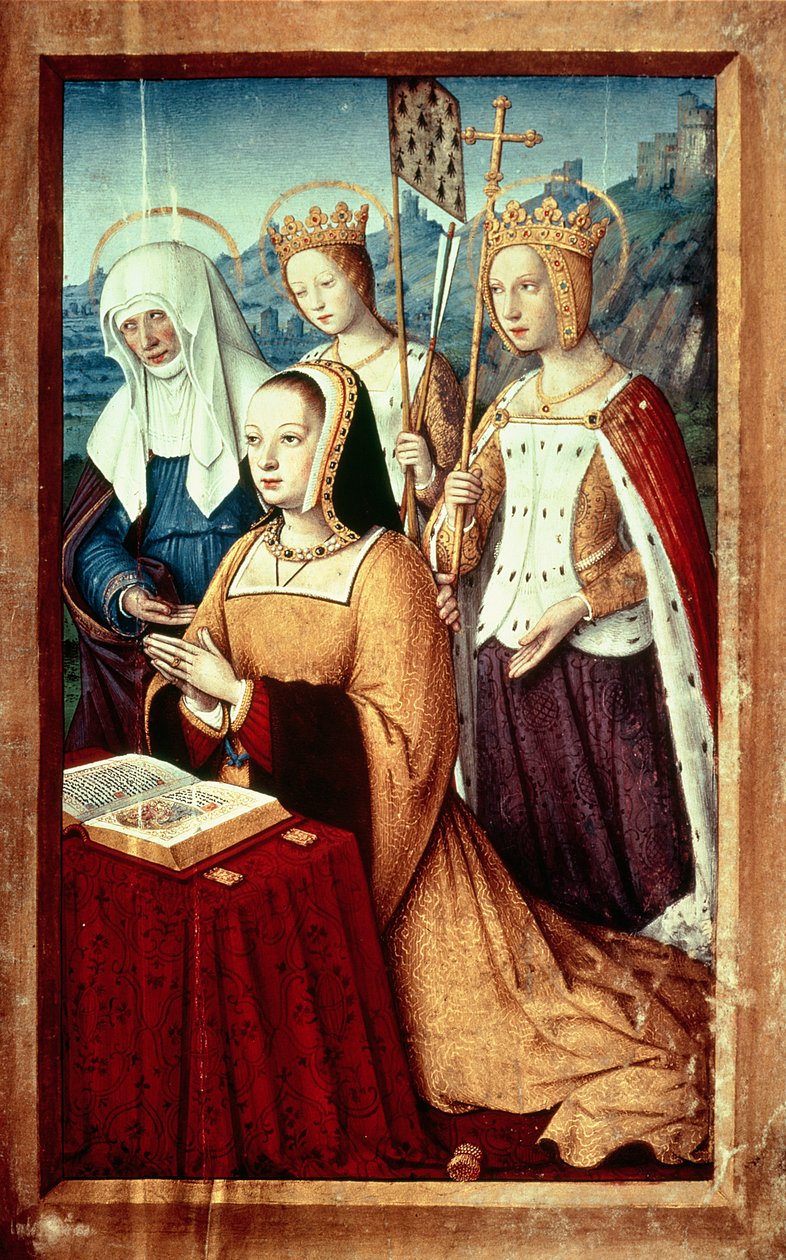 Paní lat 9474 f.3v Anna Bretaňská se Svatou Annou, Svatou Uršulou a Svatou Helenou, miniatura z Grandes Heures Anny Bretaňské, kolem 1503-8 od Jean Bourdichon
