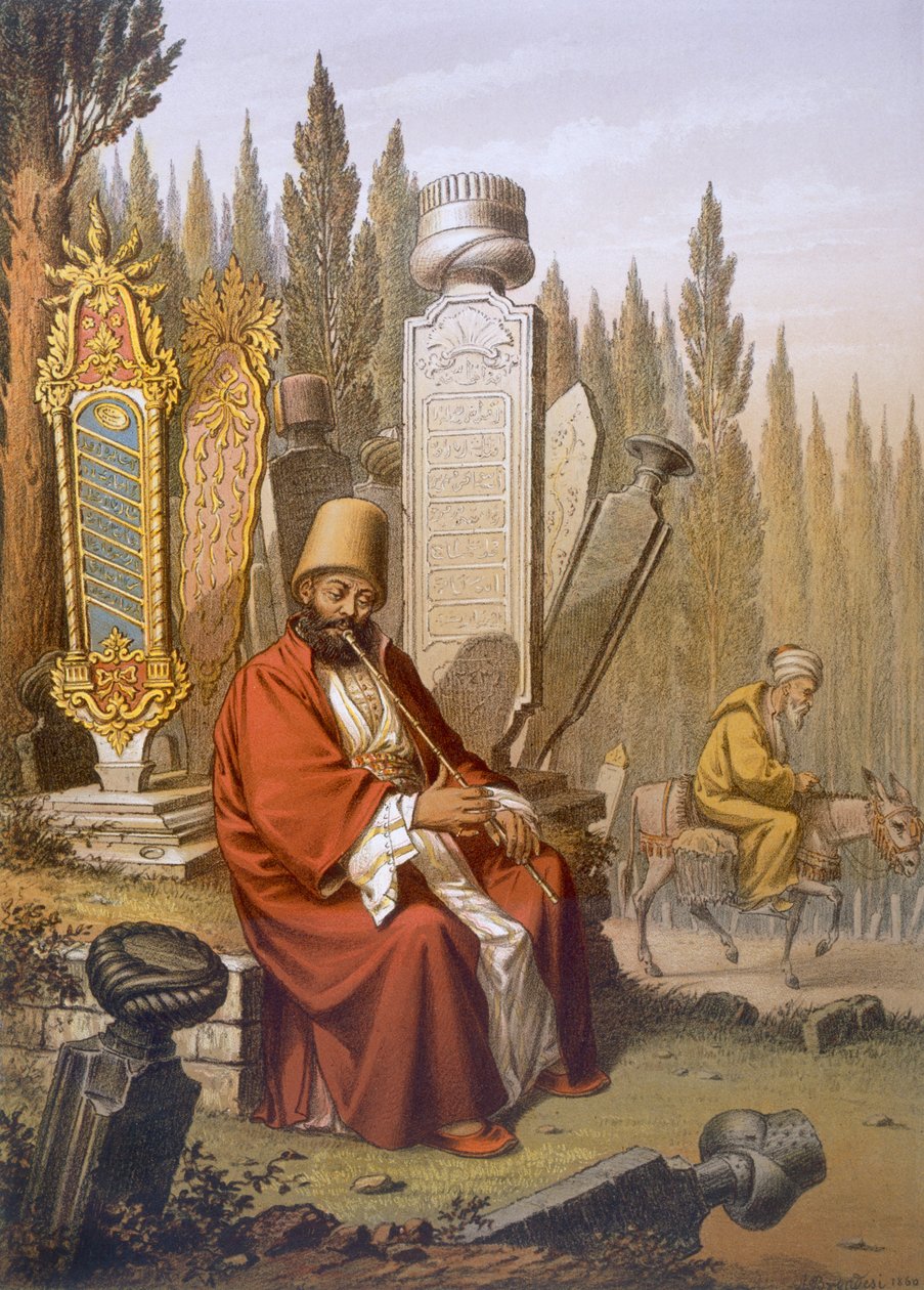 Sufi, hrající na ney, sedí na tureckém hřbitově mezi napsanými hrobovými deskami, ilustrace z hospody 