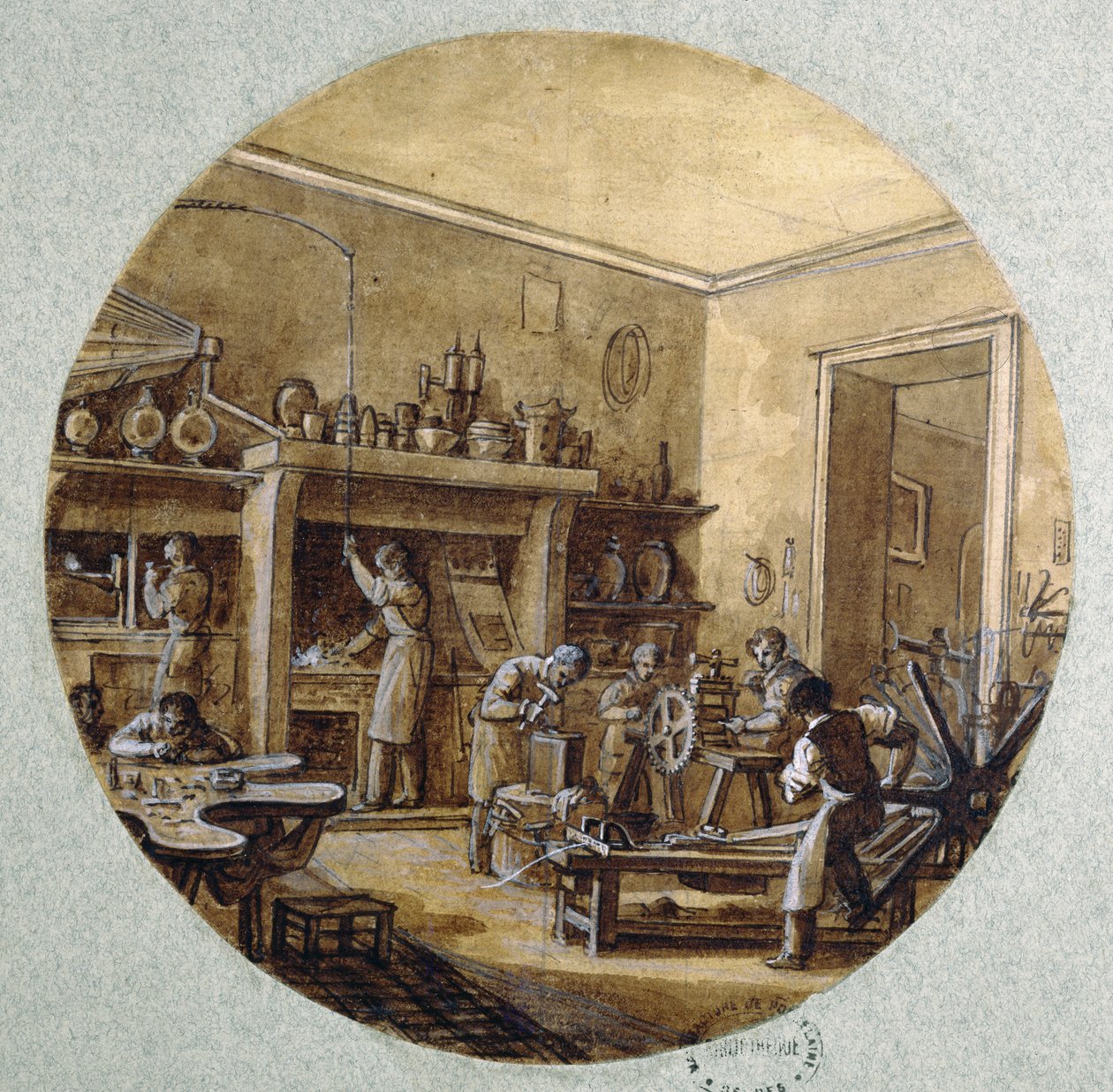 Klenotnická dílna, návrh desky pro službu zobrazující různá řemesla, kolem 1820-35 (pero a inkoust a praní a kvaš na papíře) od Jean Charles Develly
