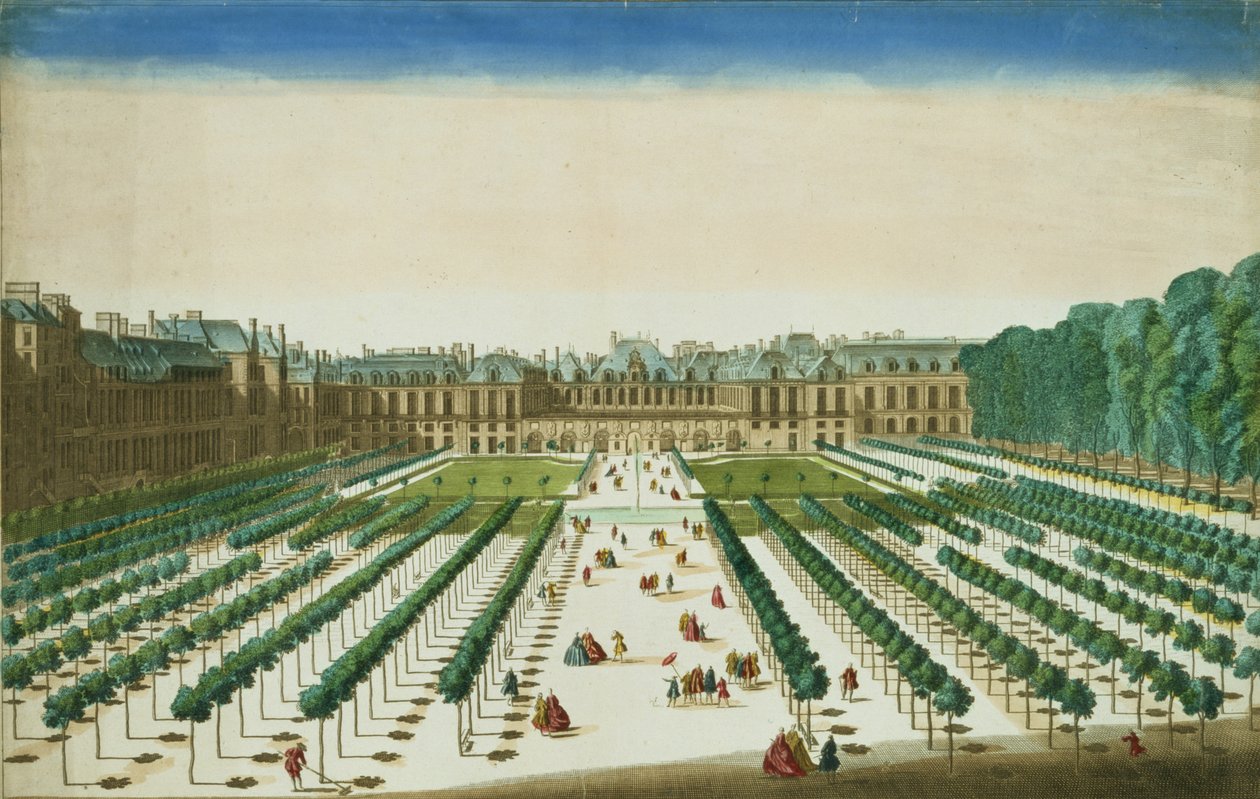 Pohled a perspektiva Palais Royal ze zahradní strany, vyrytý Antoine Aveline (1691-1743) od Jean Chaufourier