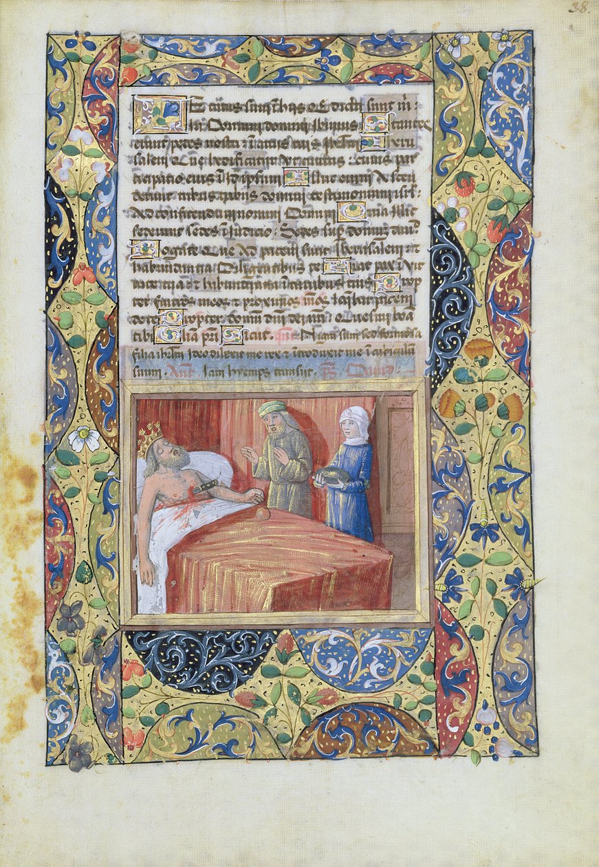 paní Lat. Q.v.I.126 f.38 Král se nožem zabodl do srdce, z „Knihy hodin Ludvíka d