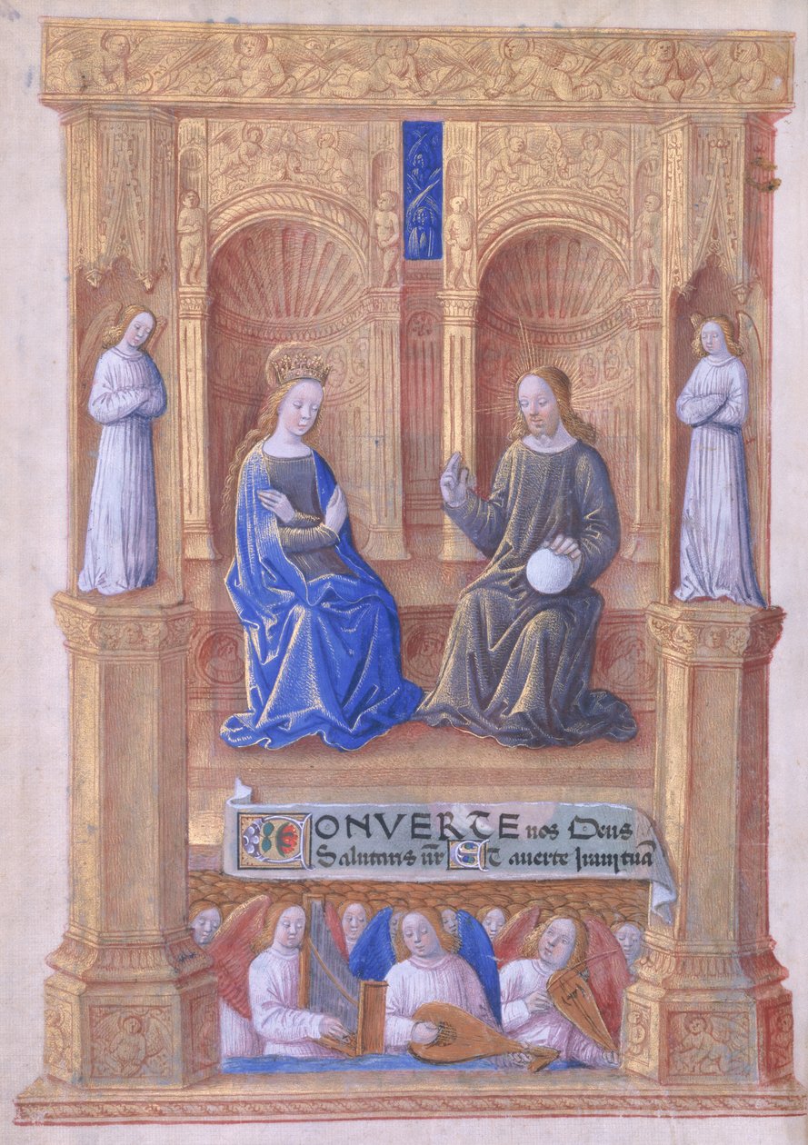 paní Lat. Q.v.I.126 f.40v Kristus a Panna Marie na trůnu, z „Knihy hodin Ludvíka d