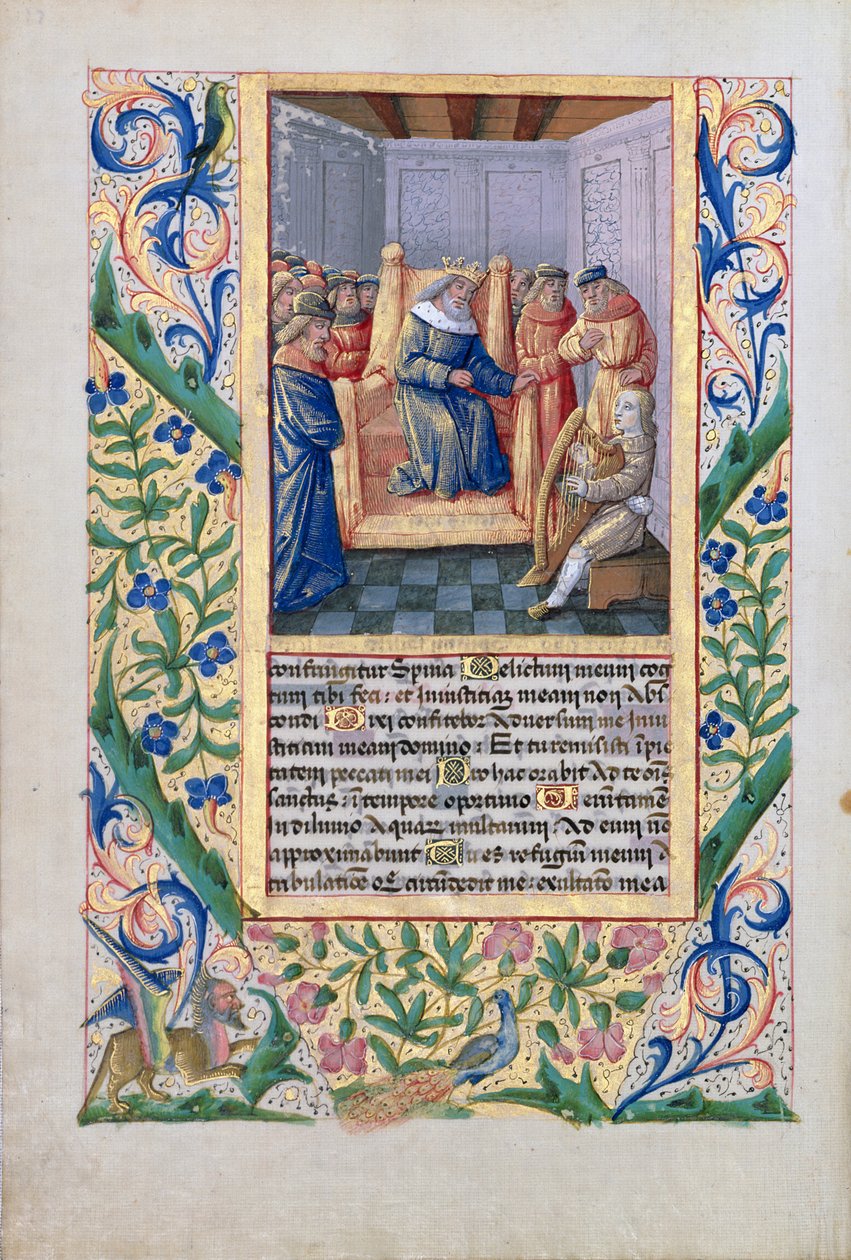 paní Lat. Q.v.I.126 f.54v Saul poslouchá, jak David hraje na harfu, z „Knihy hodin Louise d