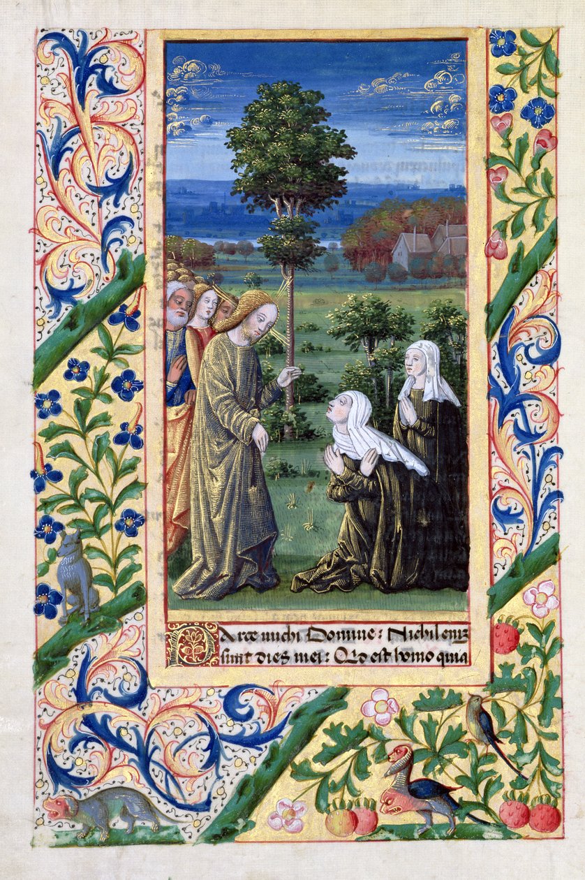 paní Lat. Q.v.I.126 f.69v Marta a Marie vyprávějící Ježíšovi o smrti Lazara, z „Knihy hodin Ludvíka d