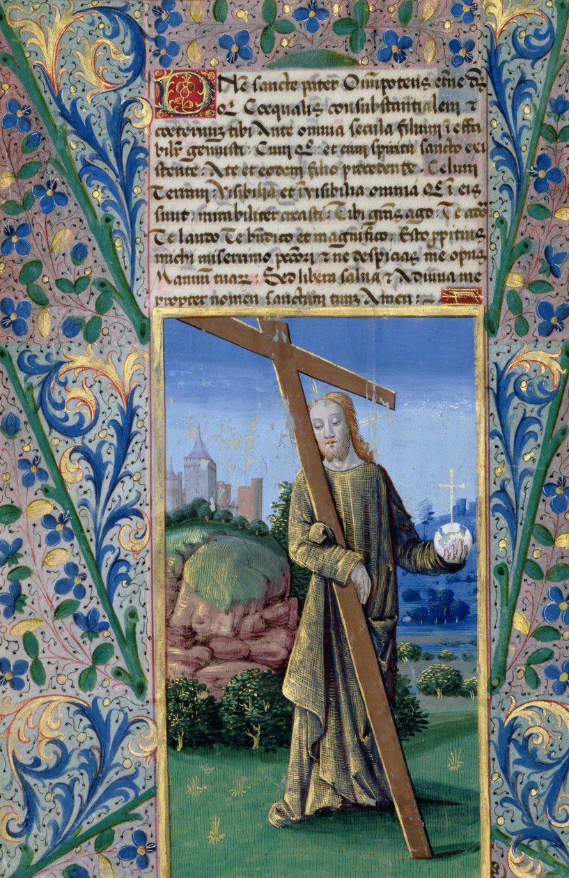 paní Lat. Q.v.I.126 f.89v Kristus s křížem a koulí, z „Knihy hodin Ludvíka d