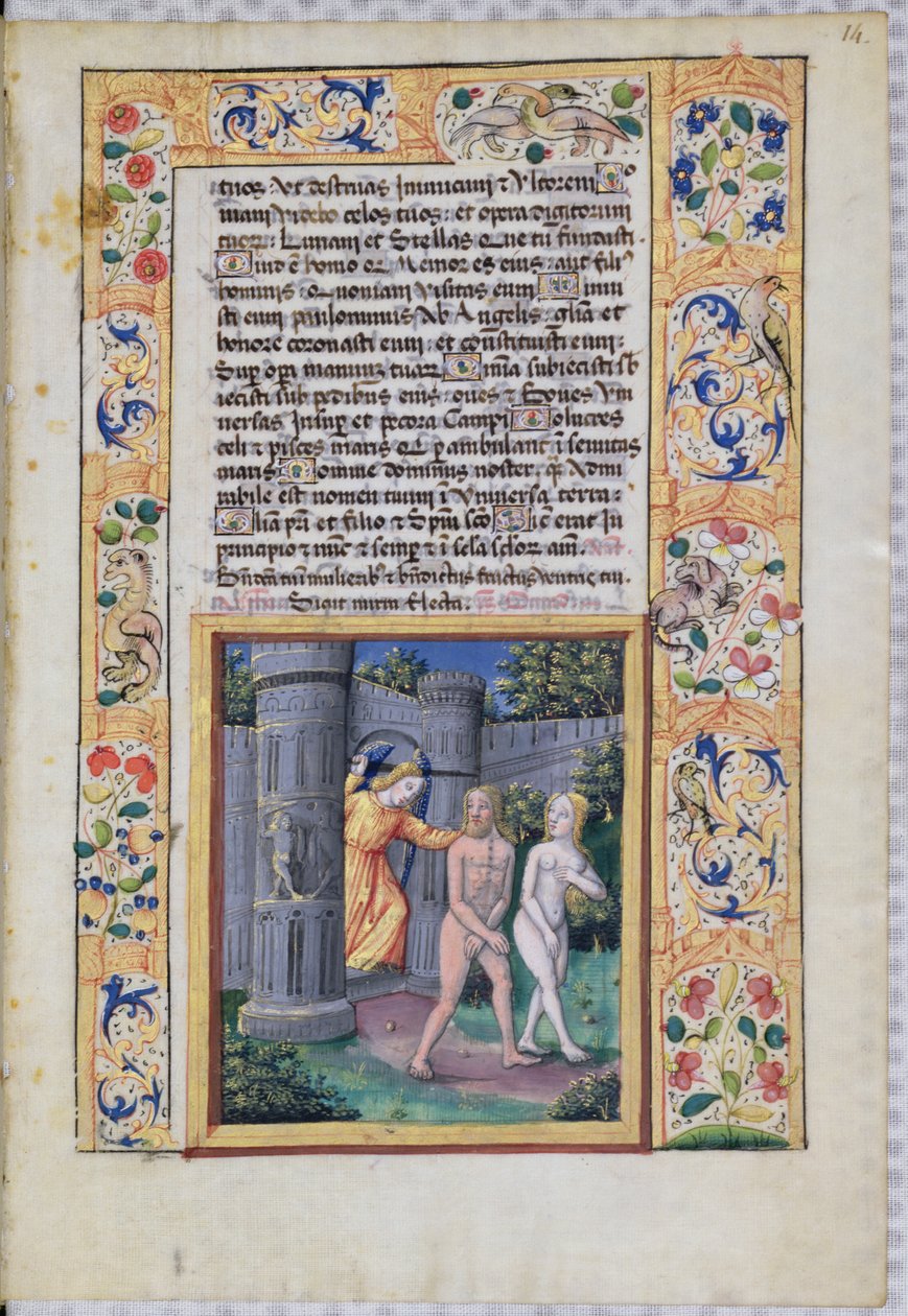Paní Lat. Q.v.I.126 fol.14 Vyhnání z rajské zahrady, z "Knihy hodin Ludvíka d