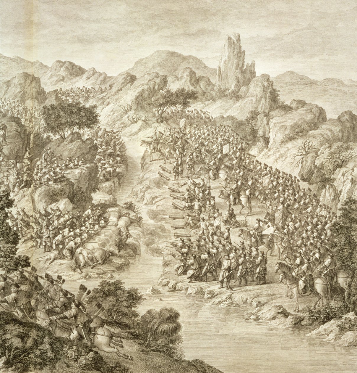 První bitva mezi čínskou armádou a armádou Eleutů v roce 1759, detail boje na druhém břehu řeky, deska č. 10 ze série tisků představujících vítězství císaře Čchien-lunga. od Jean Damascene