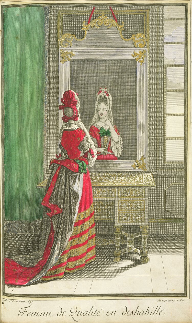 Dáma, která se dívá do zrcadla, publikováno cca 1688-90 od Jean Dieu de Saint Jean