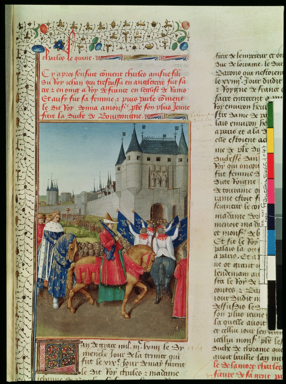 Ms 6465 f.417 Příjezd Karla V. (1337-80) do Paříže, 28. května 1364, kolem 1460 od Jean Fouquet