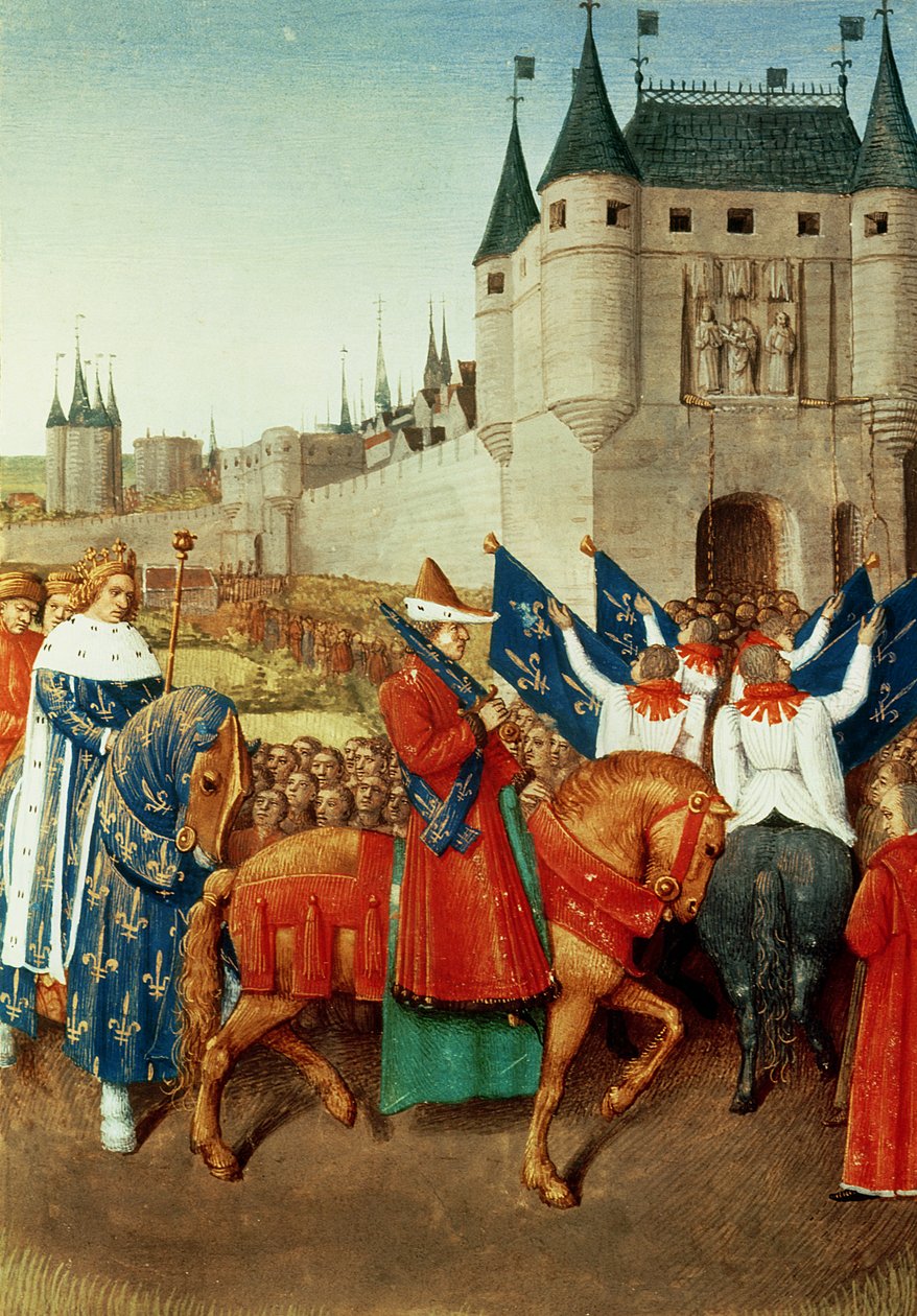 Ms 6465 f.417 Příjezd Karla V. (1337-80) do Paříže, 28. května 1364, kolem 1460 od Jean Fouquet