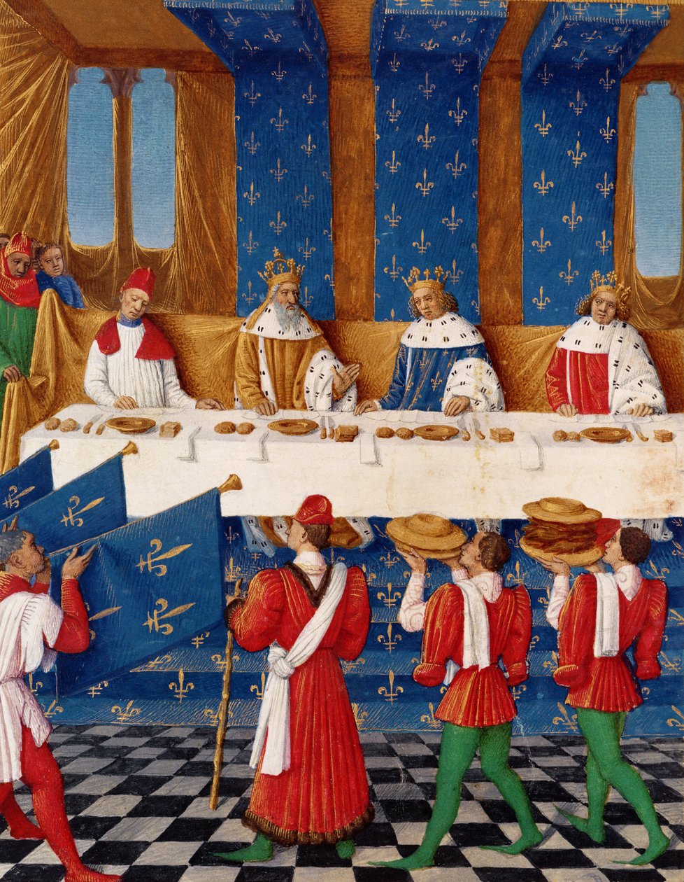Ms 6465 fol.444v Banket pořádaný Karlem V. (1338-80) na počest svého strýce císaře Karla IV. (1316-78) v roce 1378, z Grandes Chroniques de France od Jean Fouquet