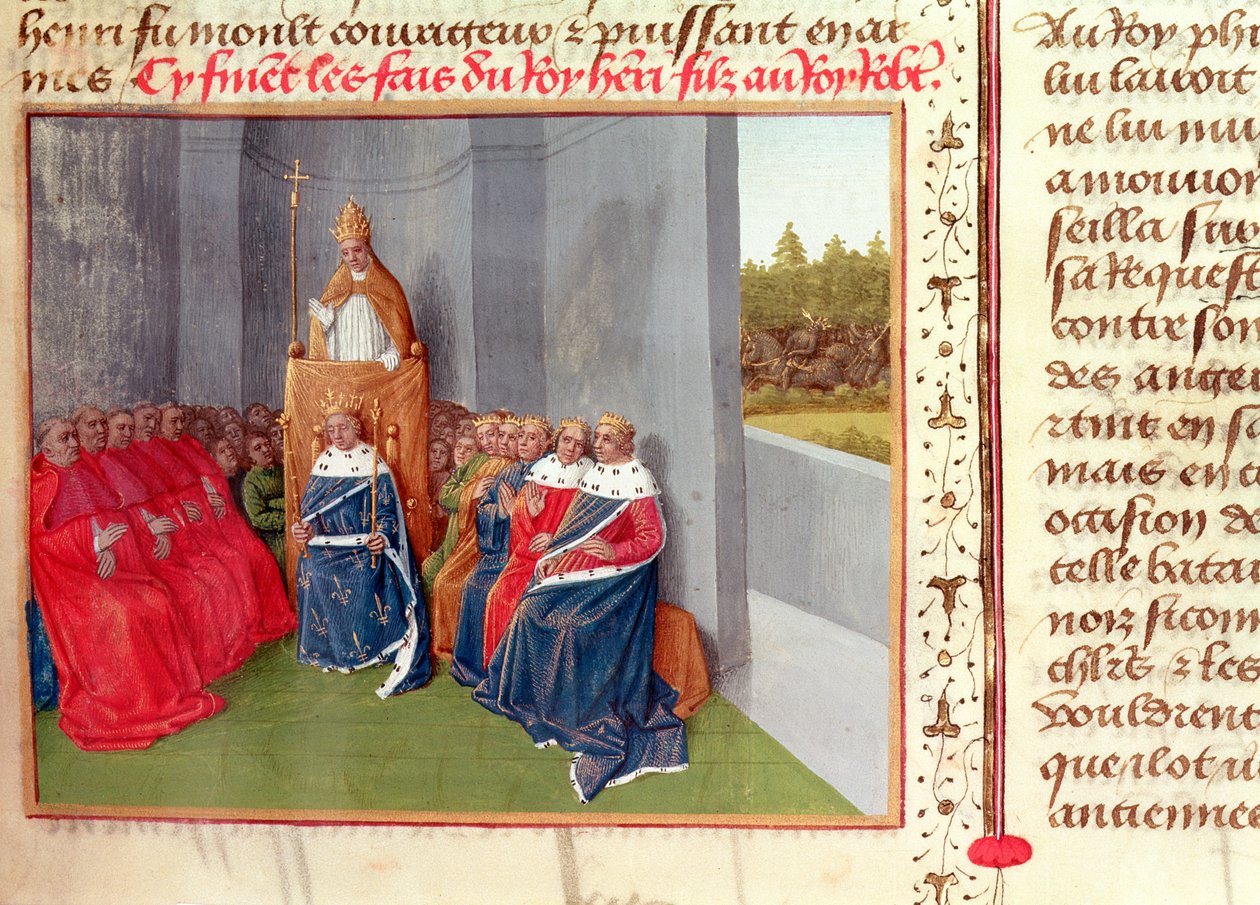 Paní Fr 6465 Fol.174 Urban II (c.1035-99) Kázající křížovou výpravu v Clermontu za přítomnosti francouzského krále Filipa I. (1053-1108) v roce 1095, z „Les Grandes Chroniques de France“, kolem 1460 od Jean Fouquet