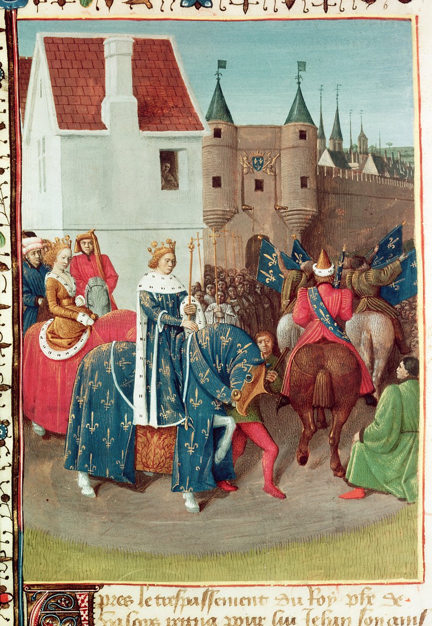 Paní Fr 6465 f.378v Vjezd do Paříže krále Jeana II (1319-64) Le Bon a královny Jeanne Boulogne, z „Les Grandes Chroniques de France“, kolem 1460 od Jean Fouquet