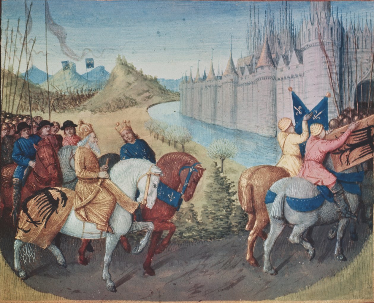 Paní Fr. 6465 fol.202 Vstup Ludvíka VII. (asi 1120-80) francouzského krále a Konráda III. (1093-1152) německého krále do Konstantinopole během křížových výprav, 1147-49 (viz také 38992) od Jean Fouquet