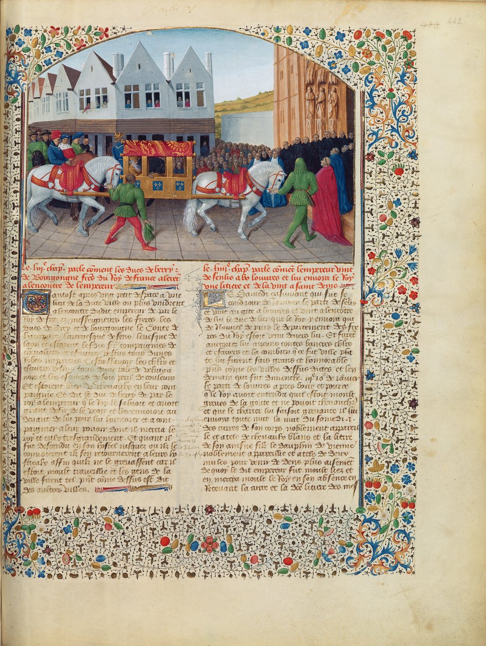 Ms Fr 6465 fol.442 Příjezd císaře Karla IV. (1316-78) do baziliky Saint-Denis, z Grandes Chroniques de France, kolem 1460 (viz také 192993) od Jean Fouquet