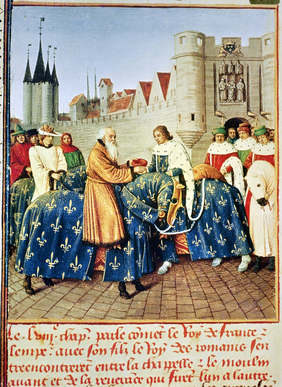 Paní Fr 6465 fol. 444 Karel V. (1338-80) přijímající císaře Karla IV. (1316-78) v Porte du Temple v Paříži, leden 1378, z „Les Grandes Chroniques de France“, kolem 1460 od Jean Fouquet