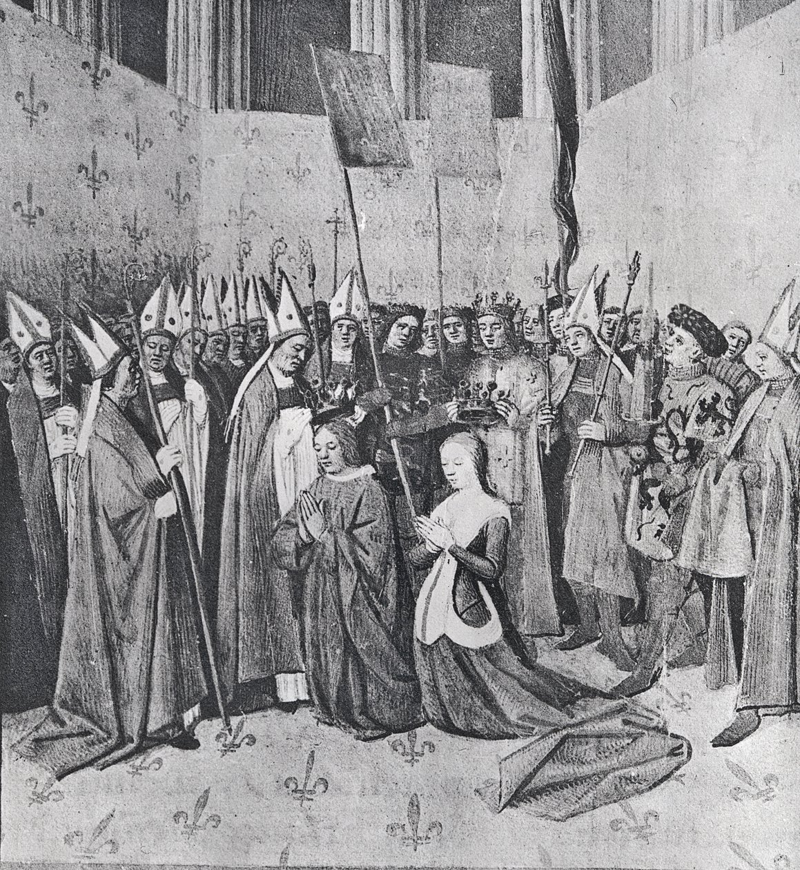 Ms fr. 6465 Korunovace Ludvíka VIII (1187-1226) a Blanche de Castille (1188-1252), z "Les Grandes Chroniques de France", kolem 1460 od Jean Fouquet