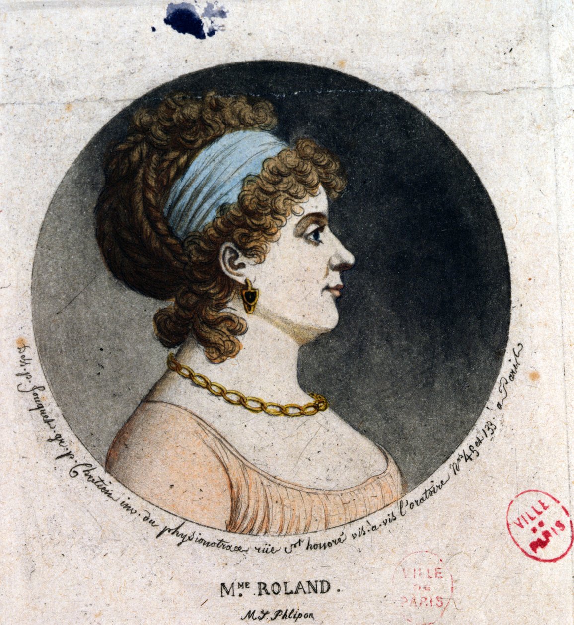 Portrét Madame Roland (1754-93) zhotovený metodou fyzionotrace (barevná rytina) od Jean Fouquet