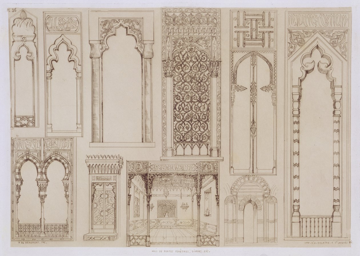 Islámský a maurský design pro okenice a pohovky, z „Umění a průmysl“, vydal Delatre, Paříž, 1857 od Jean Francois Albanis de Beaumont