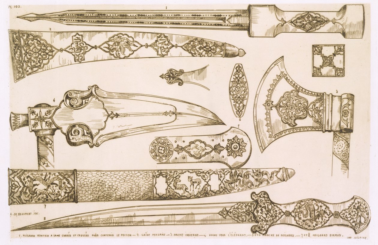 Islámské a maurské návrhy čepelí nožů, z „Umění a průmysl“, vydané Delatre, Paříž, 1857 od Jean Francois Albanis de Beaumont