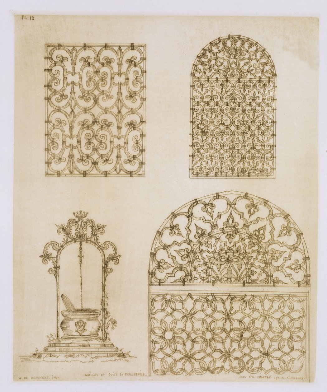 Islámské železné mříže pro okna a studny, z „Umění a průmysl“, vydané Delatre, Paříž, Paříž, 1857 od Jean Francois Albanis de Beaumont