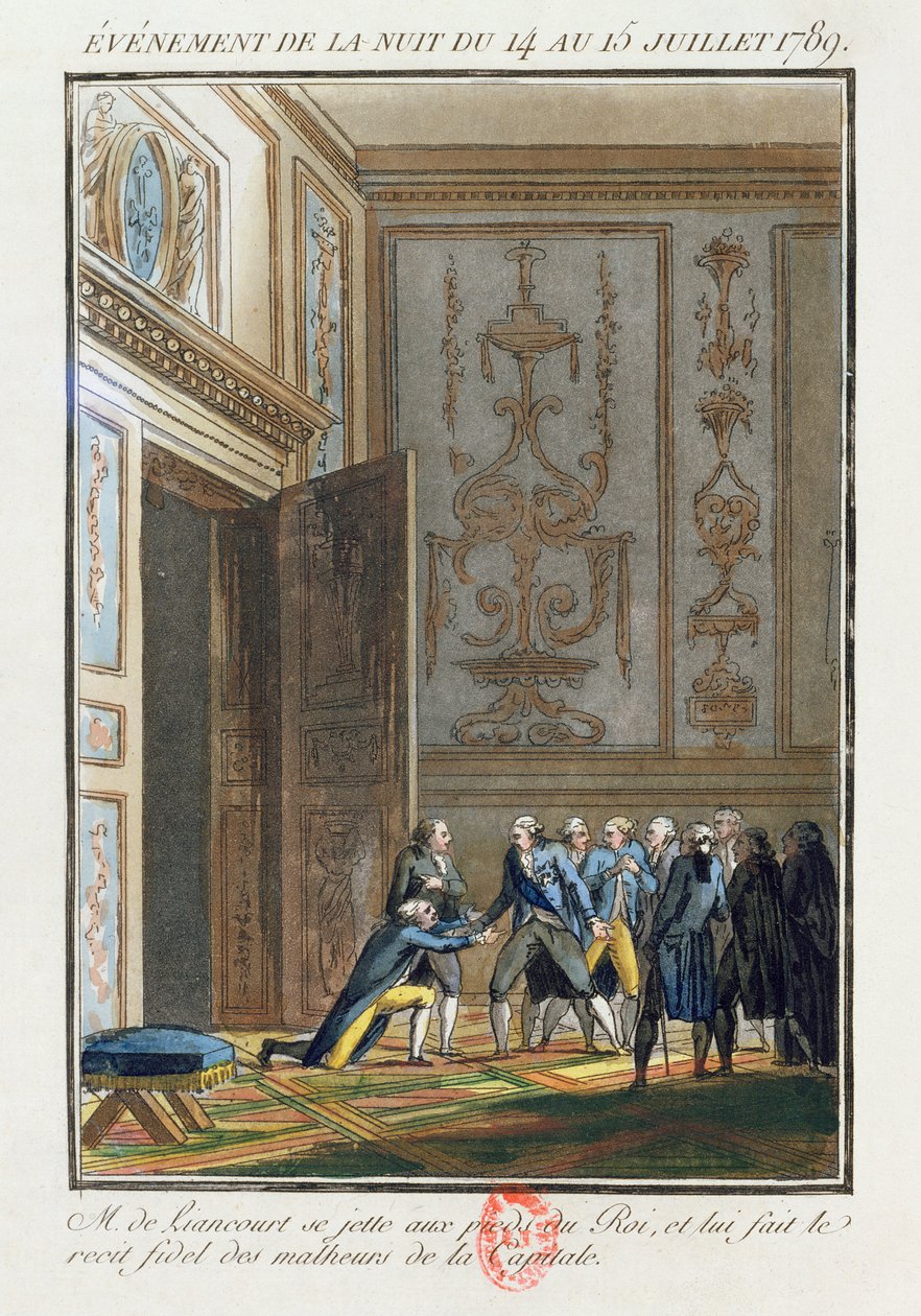 Monsieur de Liancourt (1747-1827) vyprávějící Ludvíku XVI. (1754-93) ve Versailles o událostech v Paříži 14. července 1789 od Jean Francois Janinet