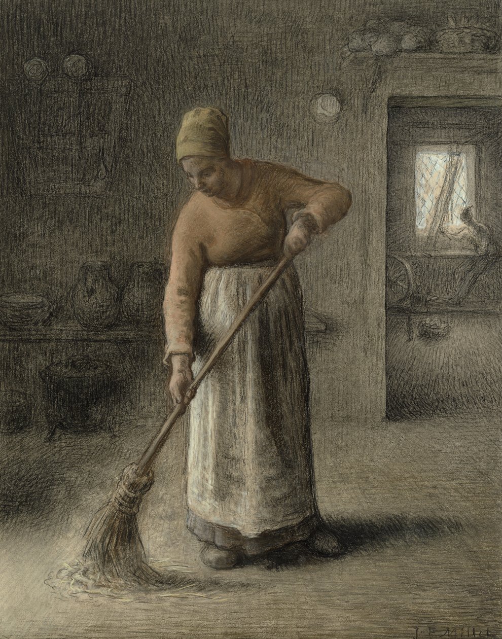 Farmářova žena zametání, 1867 (pastel na hnědém papíře) od Jean Francois Millet