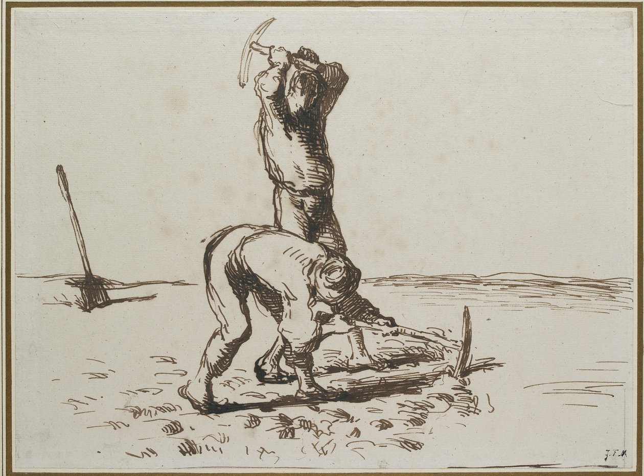 Dva rolníci kopoucí krumpáči, c. 1844 - 1846 (pero a hnědý inkoust na lehce odbarveném bílém papíře) od Jean Francois Millet