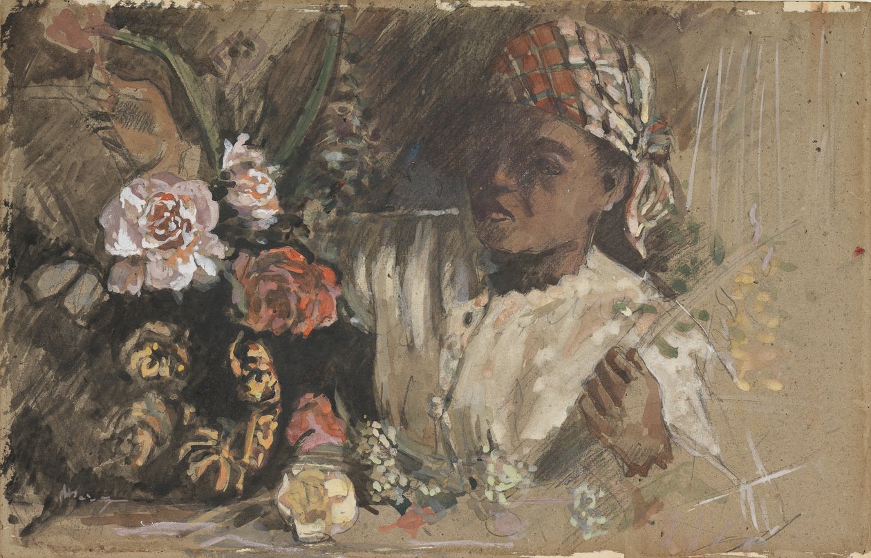 Černoška s pivoňkami, cca 1870 (wc, kvaš, křída a grafit na kartě) od Jean Frederic Bazille