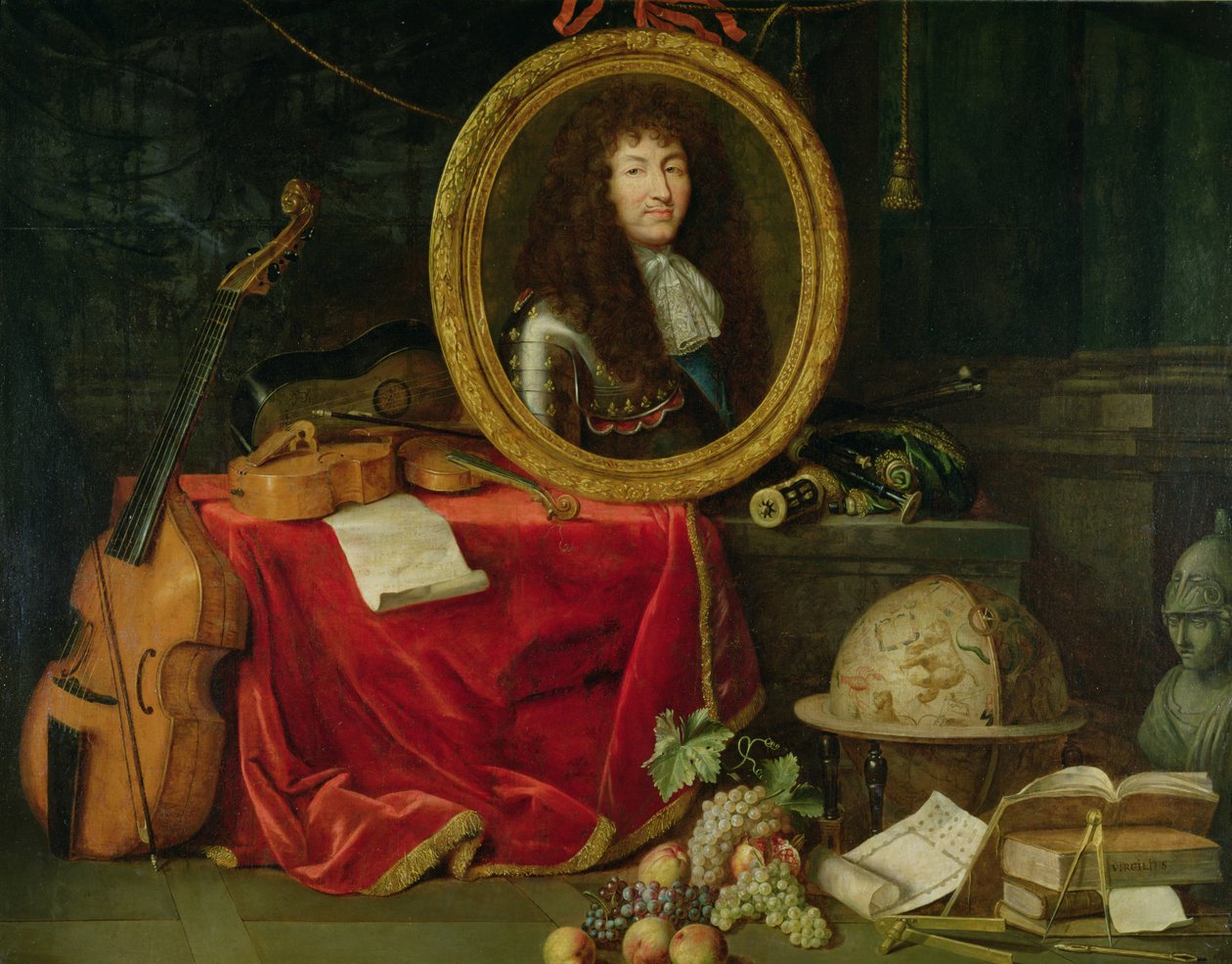 Zátiší s portrétem krále Ludvíka XIV. (1638-1715) obklopené hudebními nástroji, květinami a ovocem, 1672 od Jean Garnier