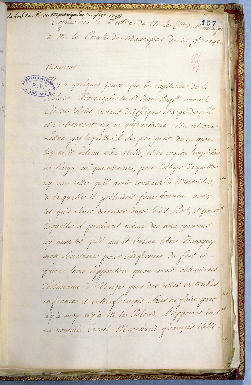 Dopis napsal Jean-Jacques Rousseau, zatímco sekretář francouzského velvyslance v Benátkách, říjen 1743 od Jean Jacques Rousseau