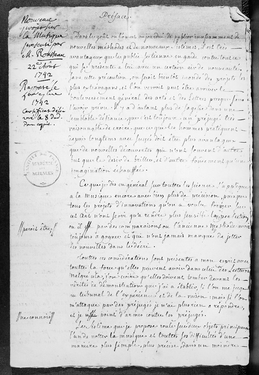 Projekt hudební notace předložený Jean-Jacquesem Rousseauem Academie des Sciences dne 22. srpna 1742 od Jean Jacques Rousseau